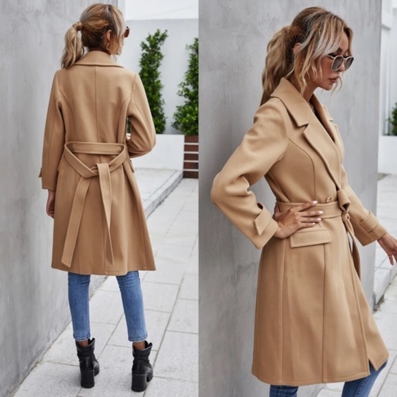 Trench Coat Double Breast Buttons belt pea coat - Picture 6 of 16